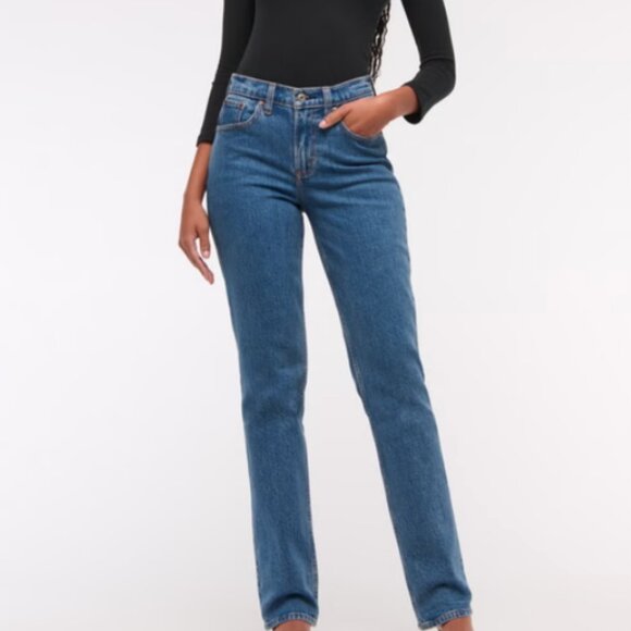 Abercrombie 90's Straight Mid Rise Jeans Denim 00 24 Blue Medium Curve Love Raw - Picture 5 of 6